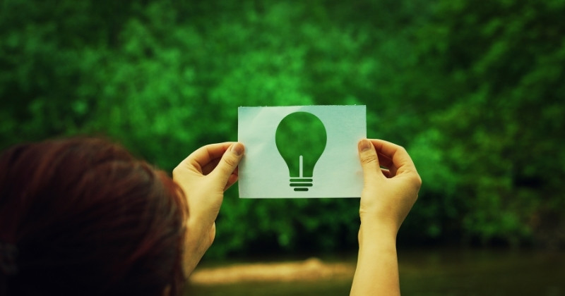 environmental-wellness A woman holding a piece of paper with a lightbulb icon up against a green forest.