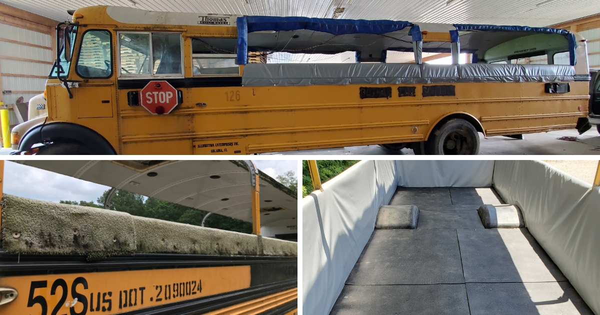 A collage of school busses with windows removed and carpeted inside.