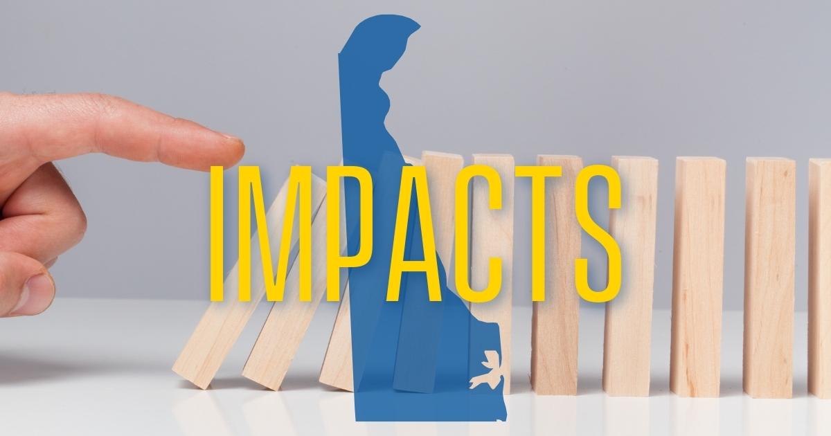 A finger knocking over a domino in a line with the word "Impacts"