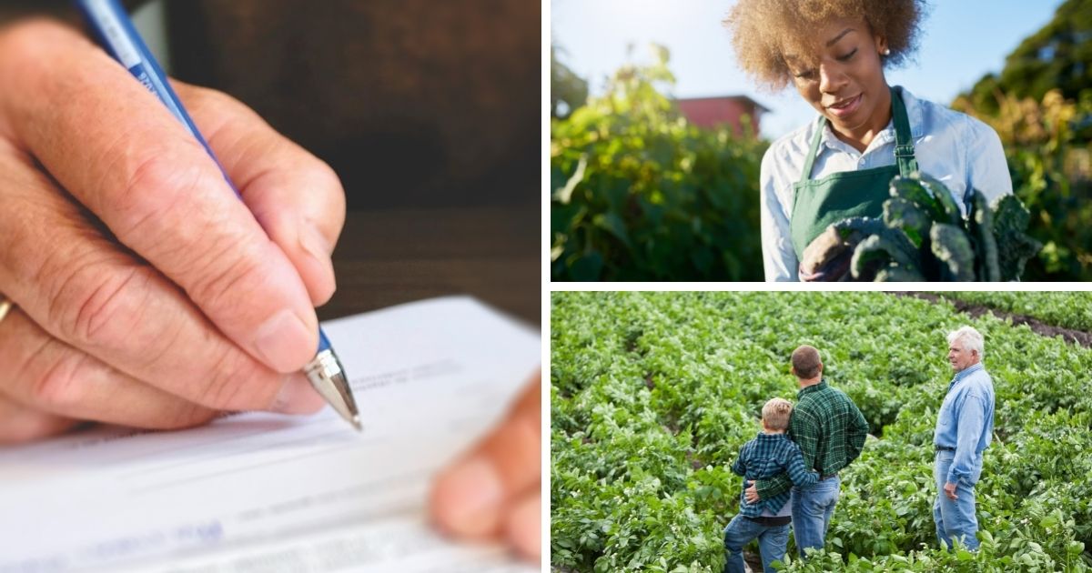 Two photos: A person filling out legal paperwork, farmers and their families on the farm.