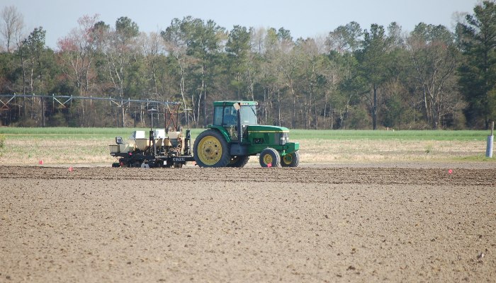 A green tractor working in the field. 