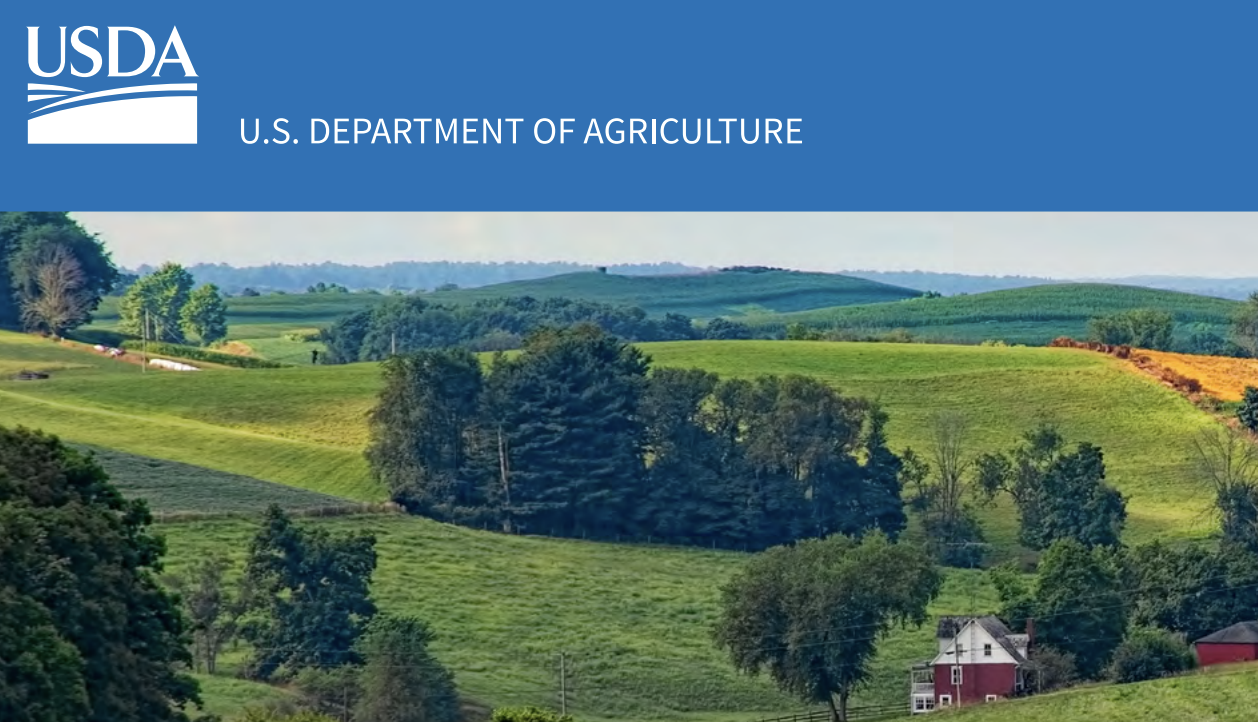 A farm scene with the USDA logo.