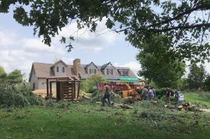 Storm damage tree clearing in front of a house Storm damage with down trees