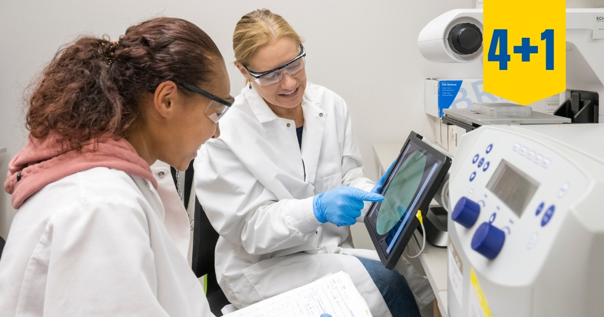 animal-science-4-plus-1-aem-properties-metadata-canr-1200x630px - 2 A graduate student works in a lab with her professor.