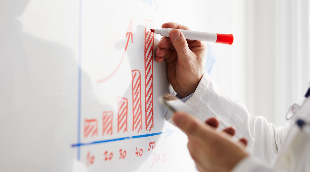 A person drawing a bar graph on a white bar