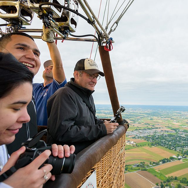 Jeff Buler, assistant professor of entomology & wildlife ecology, and students from his master's level seminar in landscape ecology (ENWC667) take a flight in a hot air balloon to get a bird's-eye view of the landscape over Lancaster County, PA. - (Evan Krape / University of Delaware)