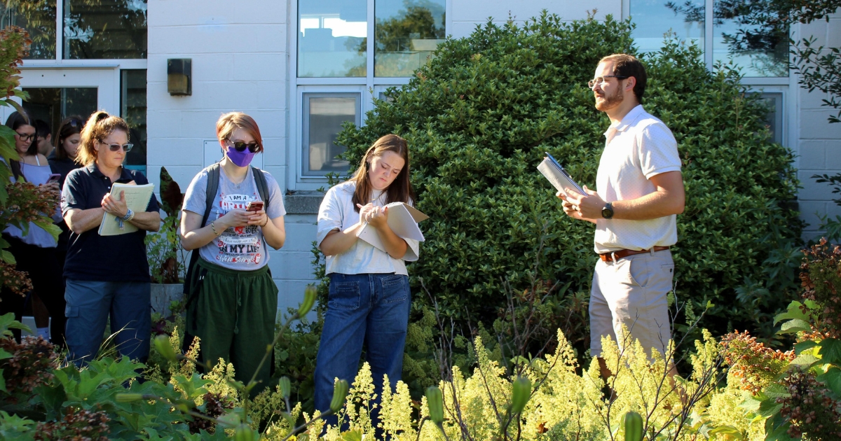 Landscape architecture students in the field learning about plants from JD Zimmerman.