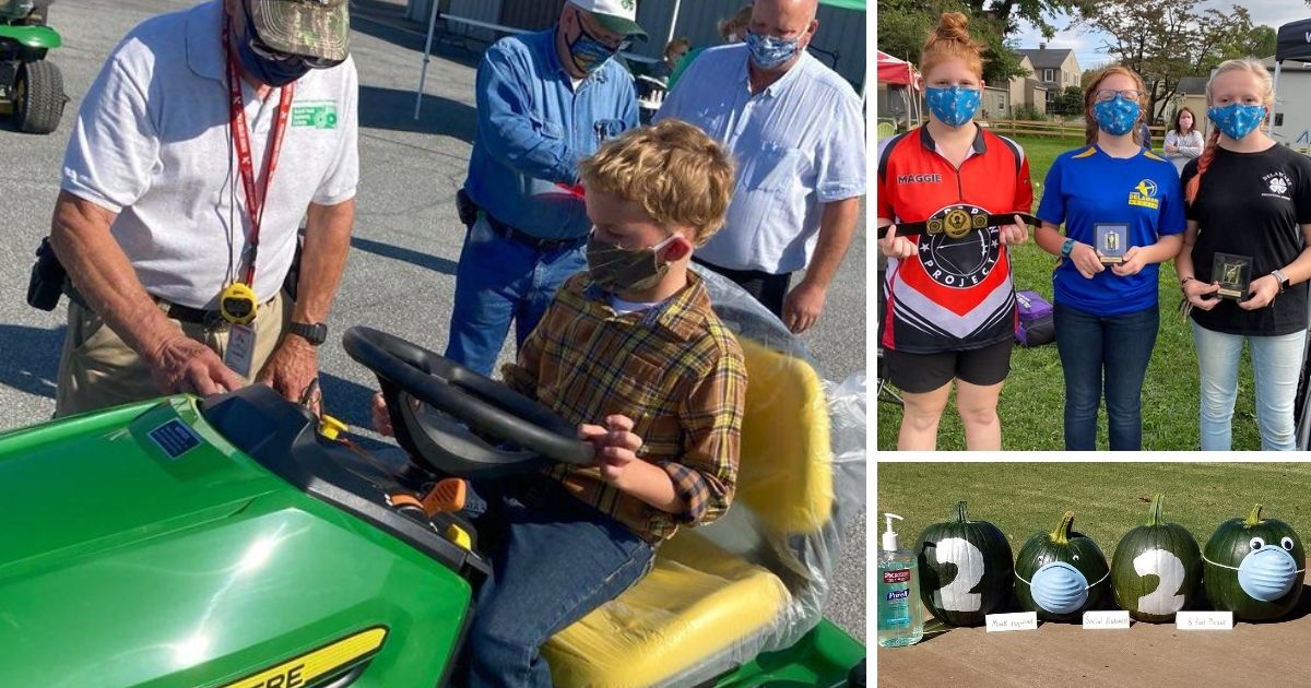 A 4-H member practicing tractor driving (left), 3 4-h members posing with awards at their archery competition (top right) and pumpkins decorated to say 2020 with masks (bottom right).