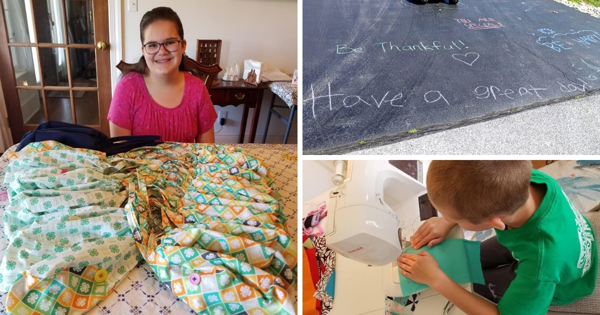 Three photos showing 4-H members sewing masks and leaving inspiring chalk notes for their communities.