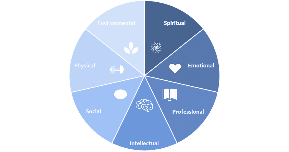 Copy of _website_properties_img_extension_1200x630 A pie chart divided into seven parts: Environmental, Spiritual, Emotional, Professional, Intellectual, Social and Physical