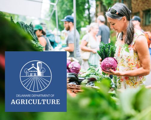 A farmer's market with the Delaware Department of Agriculture's logo