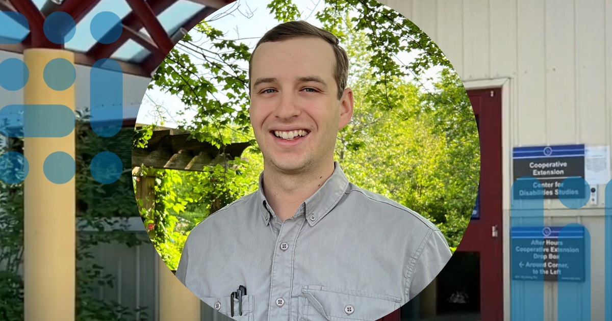 A profile photo of Nick Adams with a background of the New Castle County Extension Office.