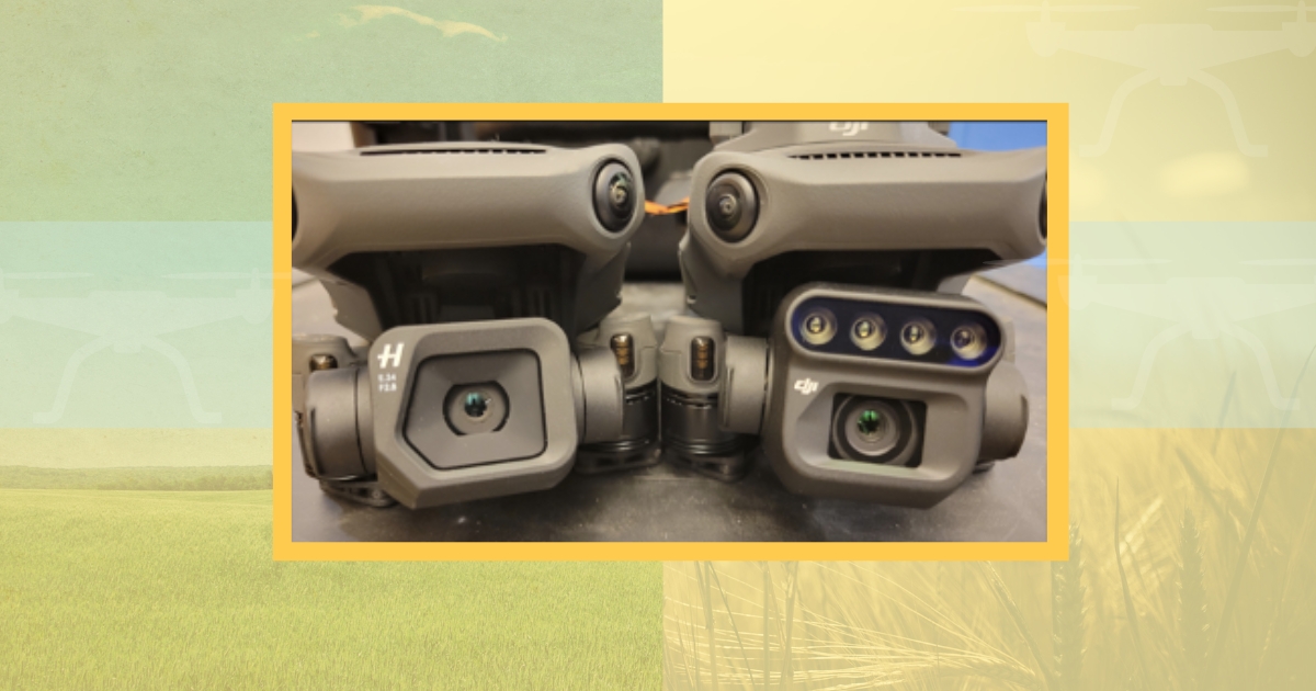 Figure 3: The camera on the left takes regular color photos, while the camera on the right has four additional lenses across the top (multispectral). Both are attached to gimbals. 