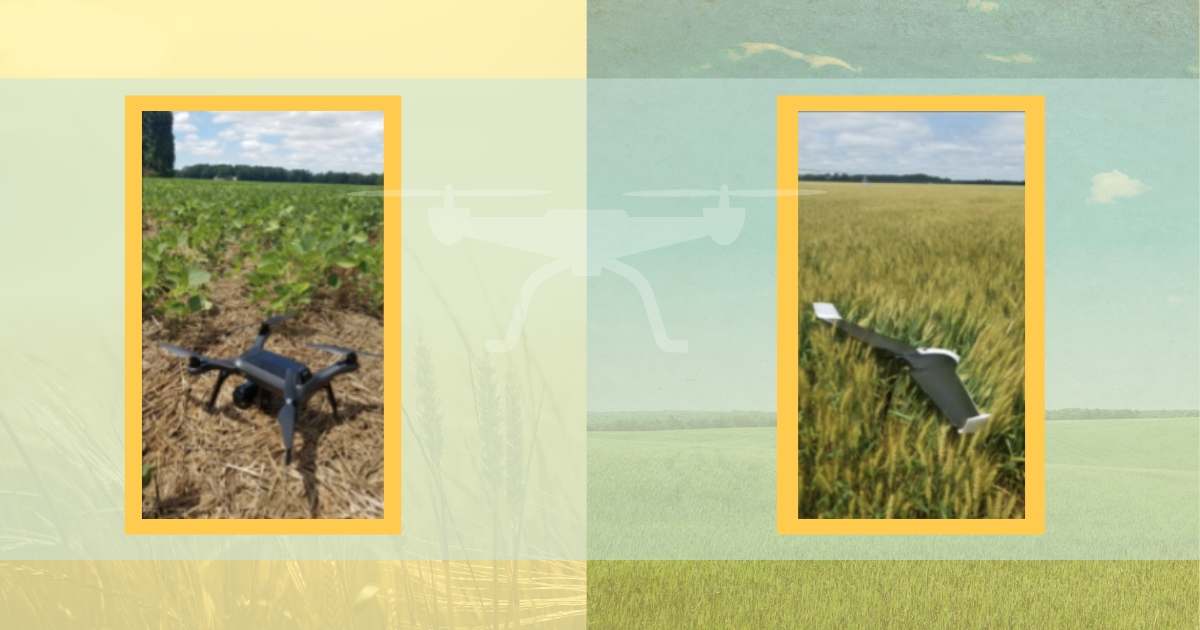 Figure 1: a) On the left is a quadcopter (four propellers) in a soybean field. Figure 1: b) On the right is a fixed wing lying on small grains.