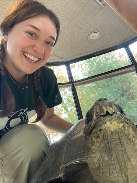 A young woman posing next to a tortise, fadces both in frame.
