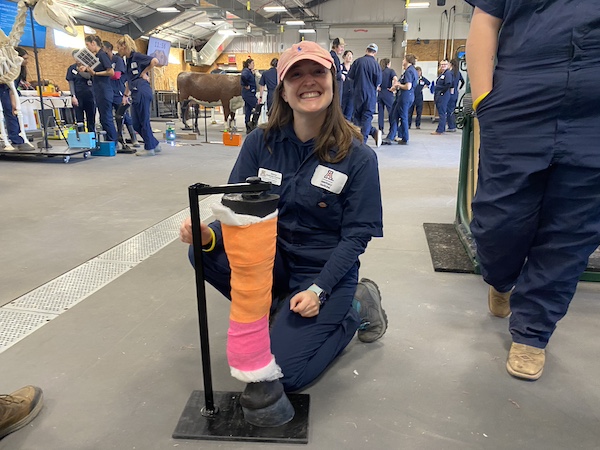 A young woman posing next to a bandage-wrapped model of a horse leg.