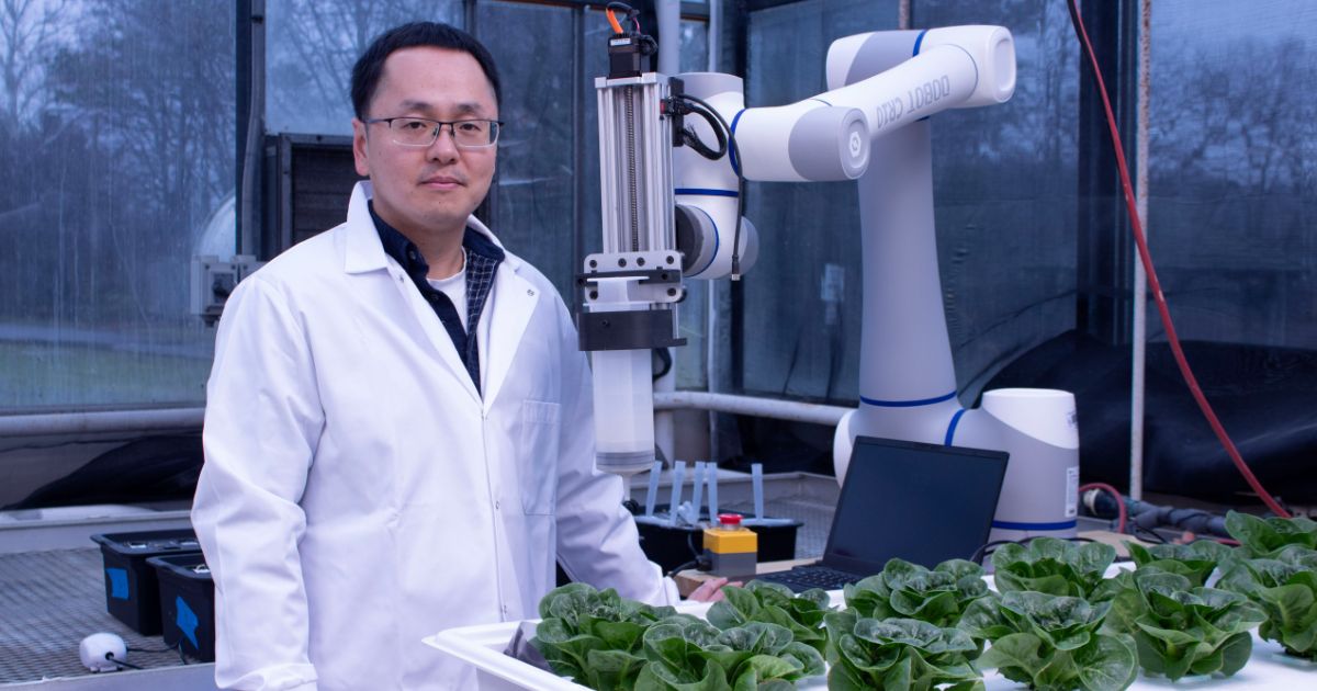 Juzhong Tan, UD Assistant Professor, Sensory Science & Food Product Development, stands with a robotic fertigation system for hydroponic farming to improve safety and sustainability.