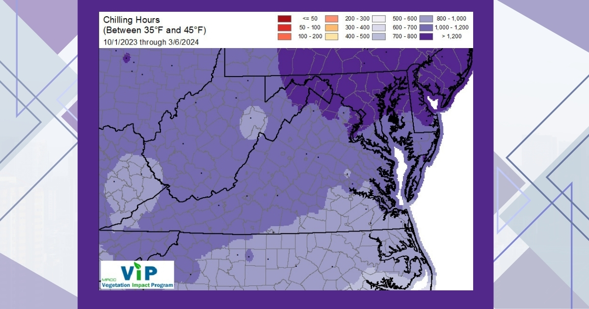 Accumulated chilling hours as of March 6, 2024 for Delaware and the region from the Midwest Regional Climate Center. Accumulated chilling hours as of March 6, 2024 for Delaware and the region from the Midwest Regional Climate Center.