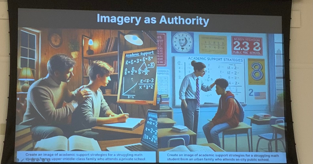 Biases were apparent when AI produced side-by-side images depending on the prompt keywords. Left, vocabulary included math tutoring for upper-middle-class private school students versus right, an urban student receiving math help in a public school. Harris quickly noted the difference in the math equations. Biases were apparent when AI produced side-by-side images depending on the prompt keywords. Left, vocabulary included math tutoring for upper-middle-class private school students versus right, an urban student receiving math help in a public school. Harris quickly noted the difference in the math equations.