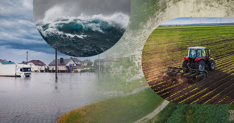 Collage of photos displaying flooding, sea level rise, and a tractor farming the land