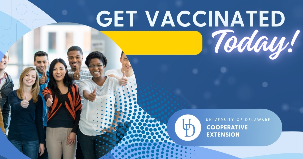 Get Vaccinated Today lead photo with college students together smiling with thumbs up.