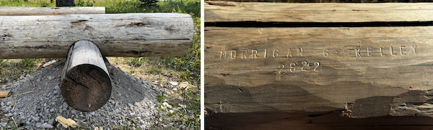 A finished saddle notch (left) and Morrigan’s stamp (right) on the log she notched. A finished saddle notch (left) and Morrigan’s stamp (right) on the log she notched.