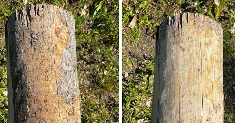 Before (left) and after (right) log peeling with a draw knife. Before (left) and after (right) log peeling with a draw knife.