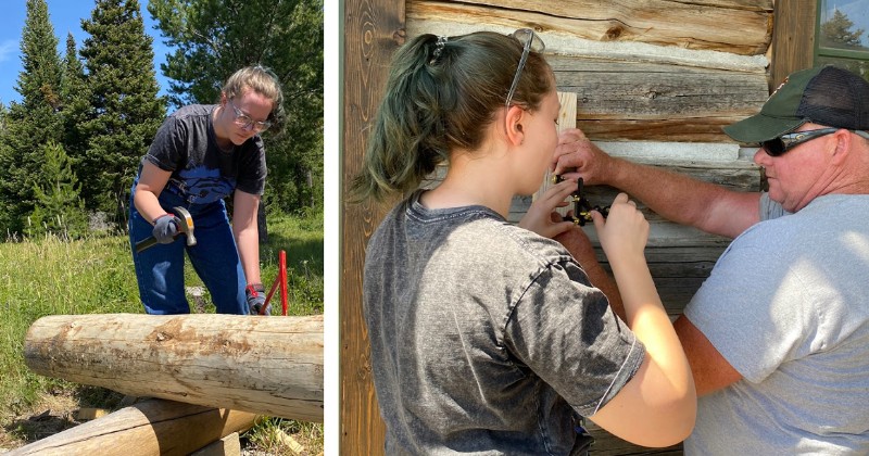 Left: Morrigan using a log dog to stabilize the log. Right: Morrigan and Mike Cardis, preservationist, calibrating a protractor for scribing. Left: Morrigan using a log dog to stabilize the log. Right: Morrigan and Mike Cardis, preservationist, calibrating a protractor for scribing.