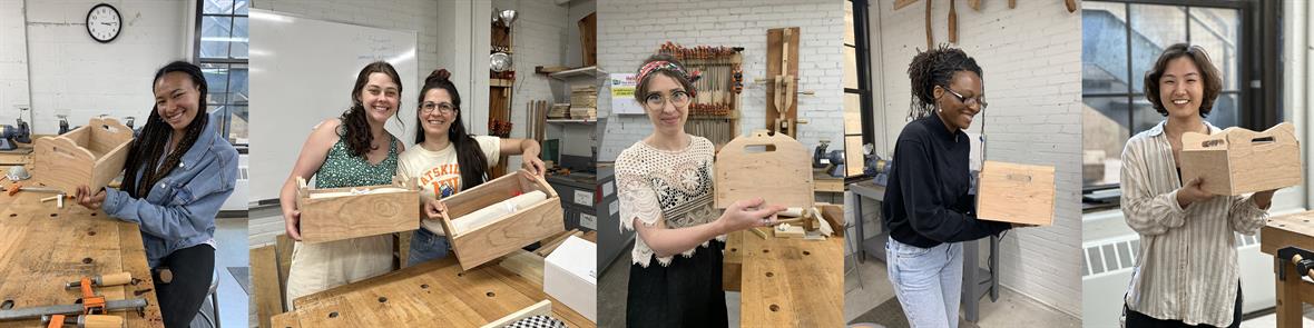 Students show off their final projects handled trays, on the last day of class. Students show off their final projects handled trays, on the last day of class.