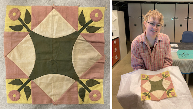 Undergraduate student holding a quilt block
