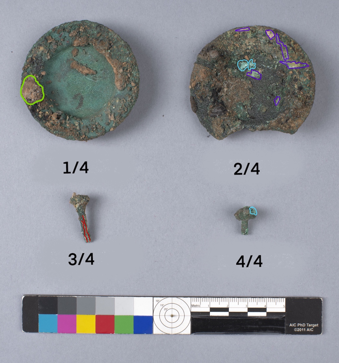 Two pieces of metal and their connecting hardware, seen from one side. The metal is worn and has surface corrosion. Two pieces of metal and their connecting hardware, seen from one side. The metal is worn and has surface corrosion.
