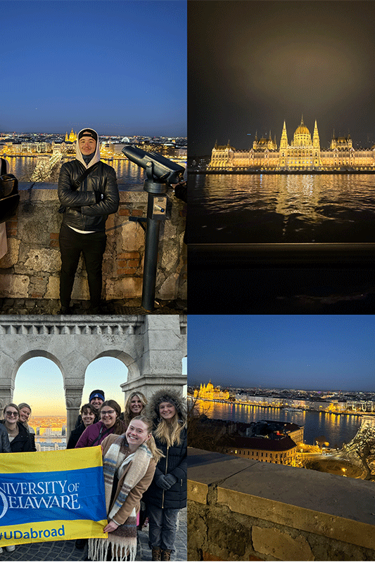 collage of students and European architecture