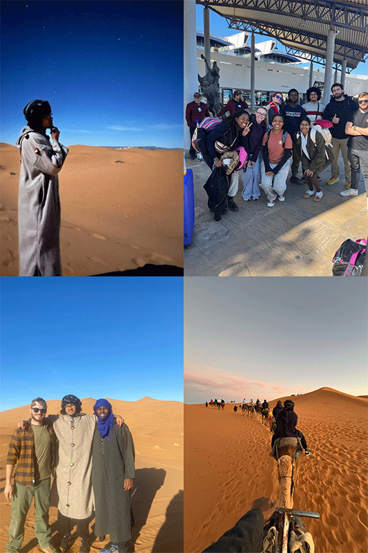 collage of student in the desert on camel's back and group picture with other students