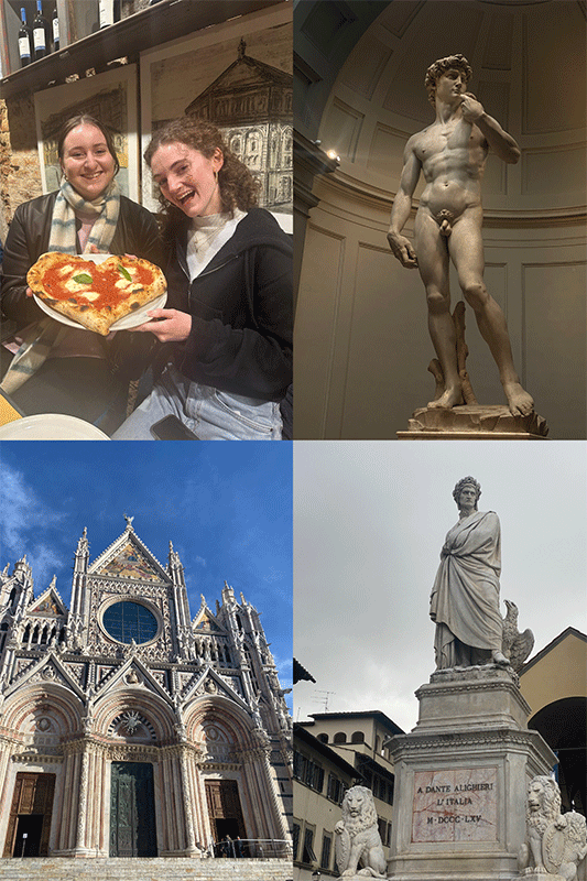 collage of students with pizza and sculptures/buildings