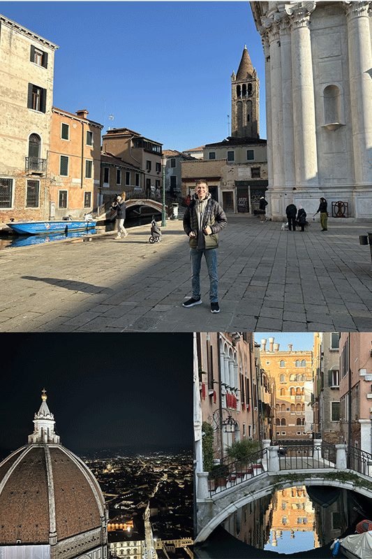 collage of student in front of buildings in Italy and the city