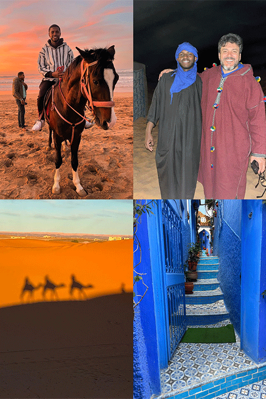collage of student with camels, and student on horse's back