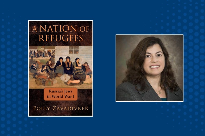 Polly Zavadivker headshot on right and "The Nation of Refugees" book on left Polly Zavadivker headshot on right and "The Nation of Refugees" book on left