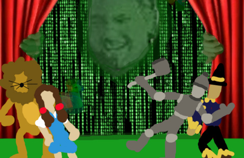 Colorful illustration of Wizard of Oz characters opening a red curtain revealing computer code and a laughing gamer.