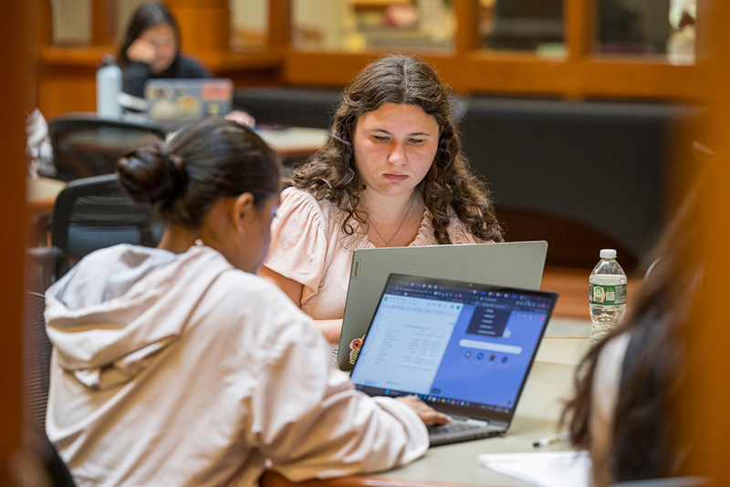 Two college students sit in front of their laptops in the library