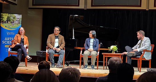Panel discussion with faculty members Molly Sutherland, Salil Lachke, Lisha Shao and Dean Caleb Everett