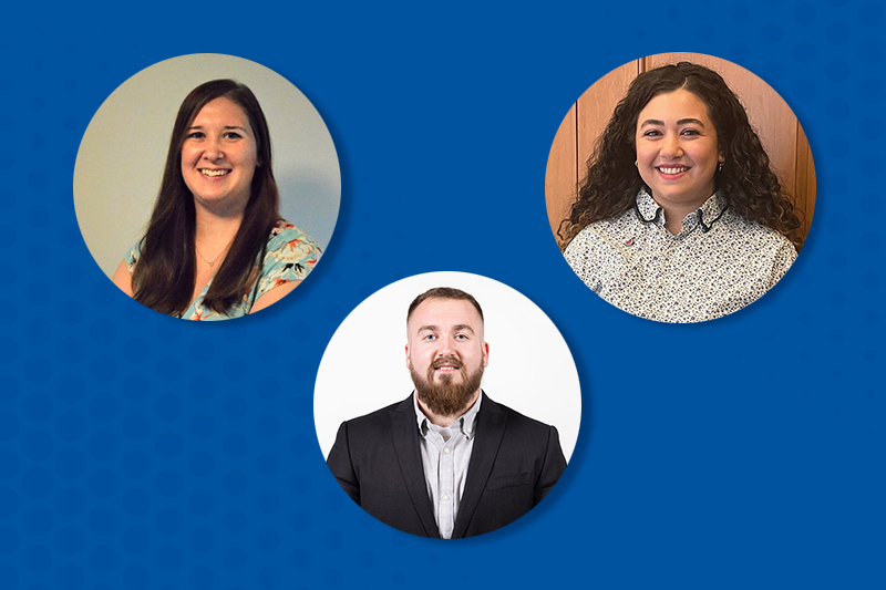 Collage of graduate student headshots of Alicia Kreiman, Malek Elsayyid and Thomas Manzoni