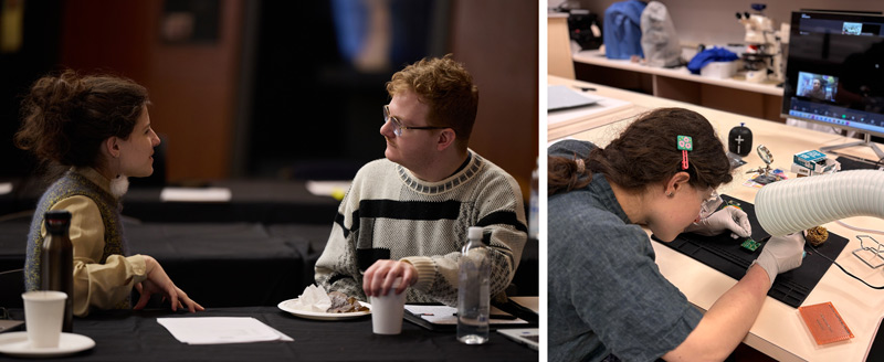 Daisy Diamond talks with Jacob Emmett at a time-based media workshop and solders components for backup artwork hardware.