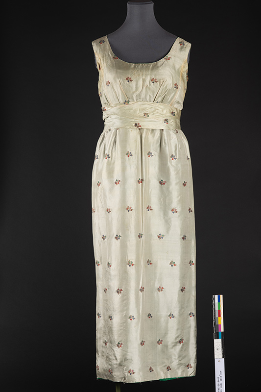  pale green Indian figured silk with bright green and metallic borders,