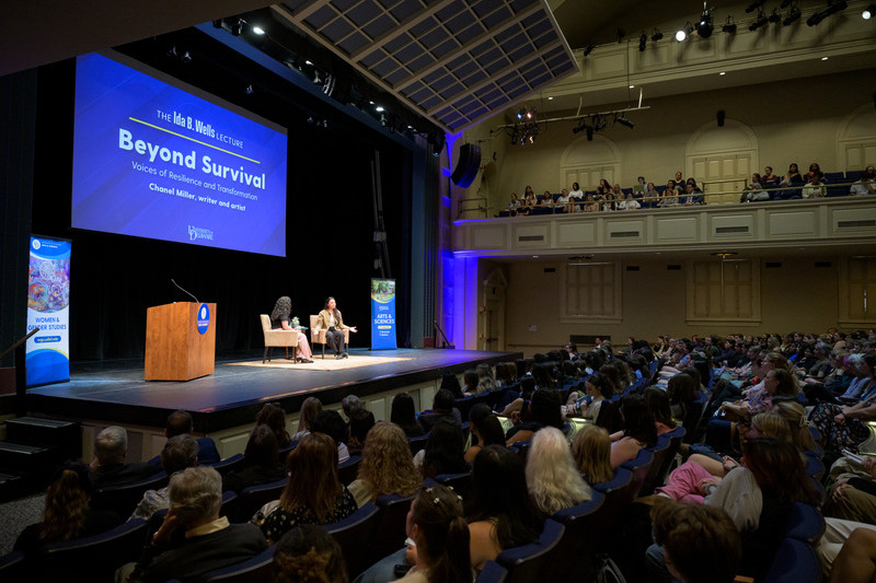 A rapt audience filled Mitchell Hall for the event, which featured a conversation between Miller and Zainab Shah, UD’s assistant director of victim advocacy.
