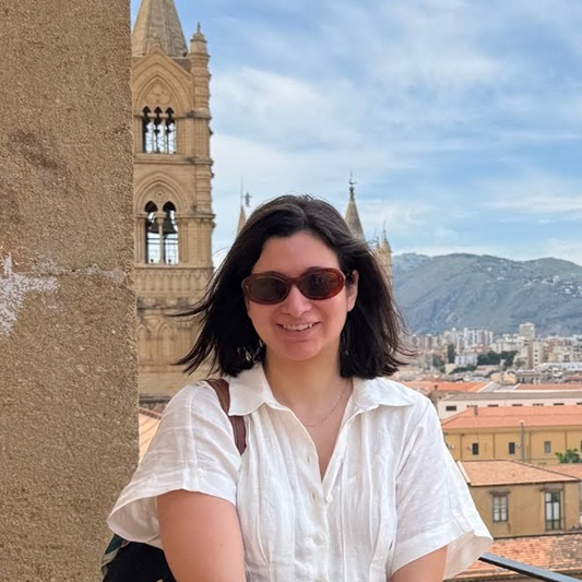 A woman wearing sunglasses in front of an expansive view of a historic city.
