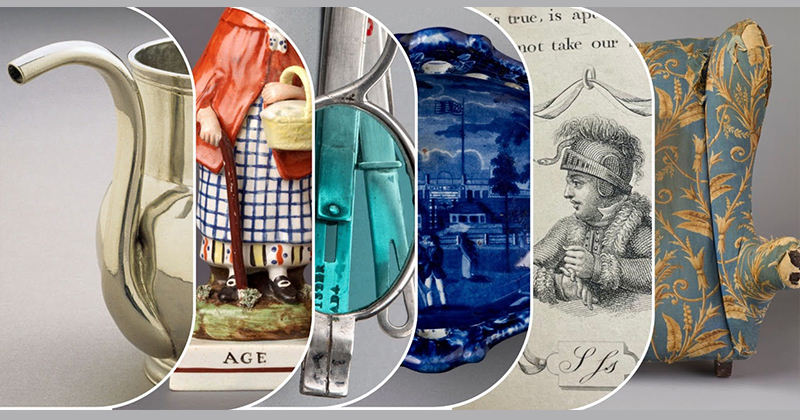 Collage of historic artifacts from Winterthur Museum including prints, household items and furniture.