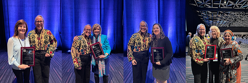 A collage of four images of UD award recipients holding award plaques alongside the AIC president.