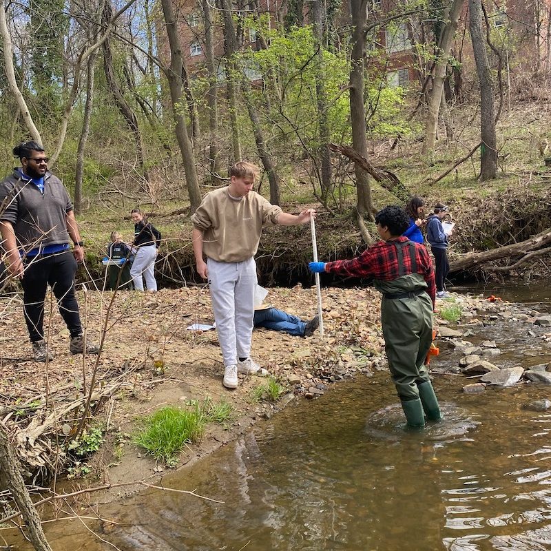 Bacchus works with first year students participating in an HiBC aquatic ecology research lab exercise. 
