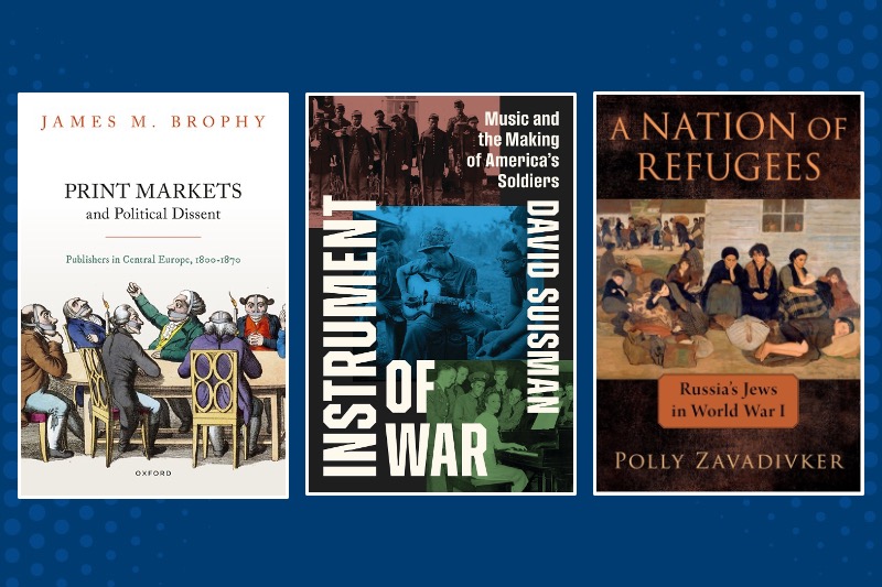 Book covers of Print Markets and Political Dissent, Instrument of War, and A Nation of Refugees