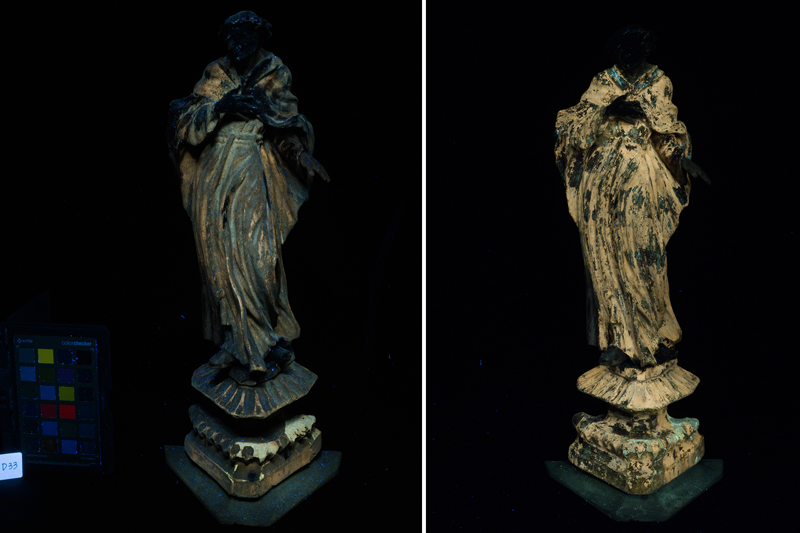 Statue before and after treatment under ultra violet light.